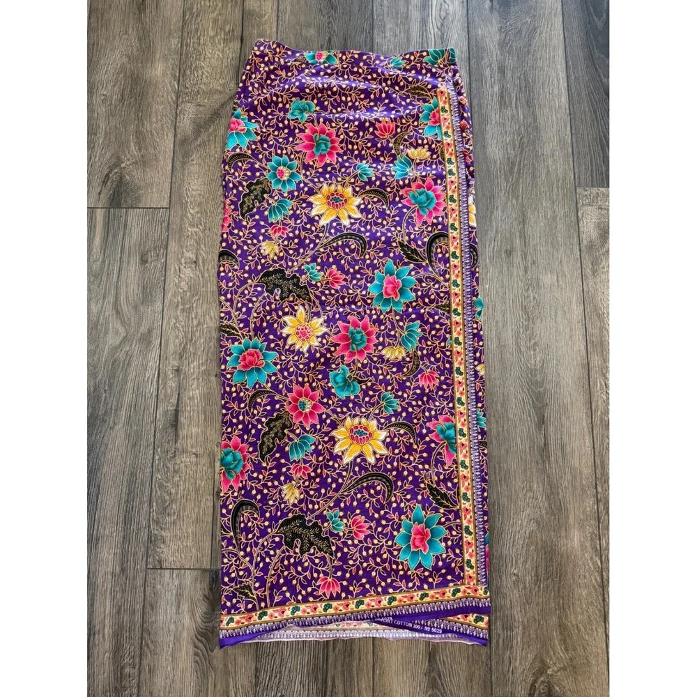 Emchit 5029 Batik Floral Wrap‎ Maxi Skirt Purple Cotton 28 Boho Ethnic Festival